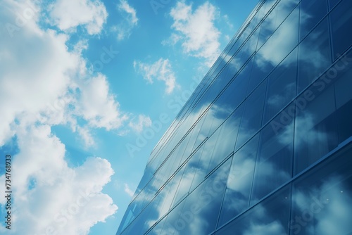 blue sky and fluffy clouds reflected on a highrise window