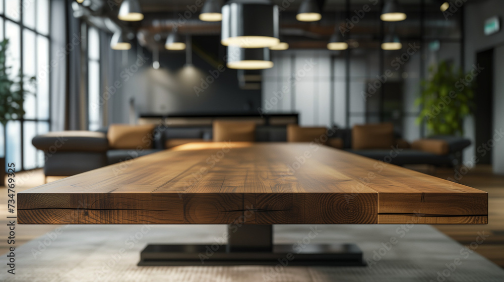 Empty wooden conference meeting table on the background