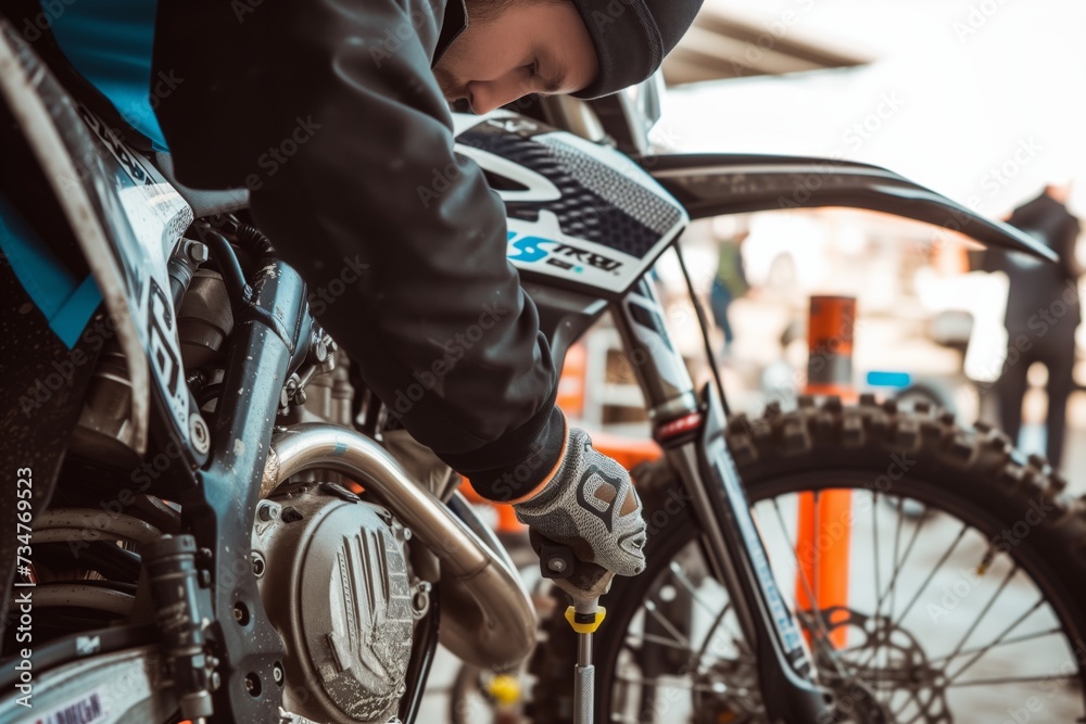 mechanic tuning a rally bike in the pit area with tools around mechanic tuning a rally bike in the pit area with tools around
