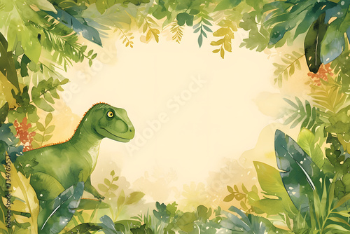 Fototapeta Naklejka Na Ścianę i Meble -  Cute cartoon dinosaur frame border on background in watercolor style.