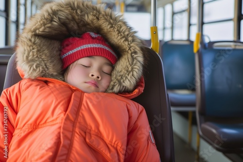 schoolchild in winter coat sleeping on the school bus