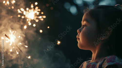 A 7-year-old child enjoying birthday fireworks. advertising. copy space. - Generative AI