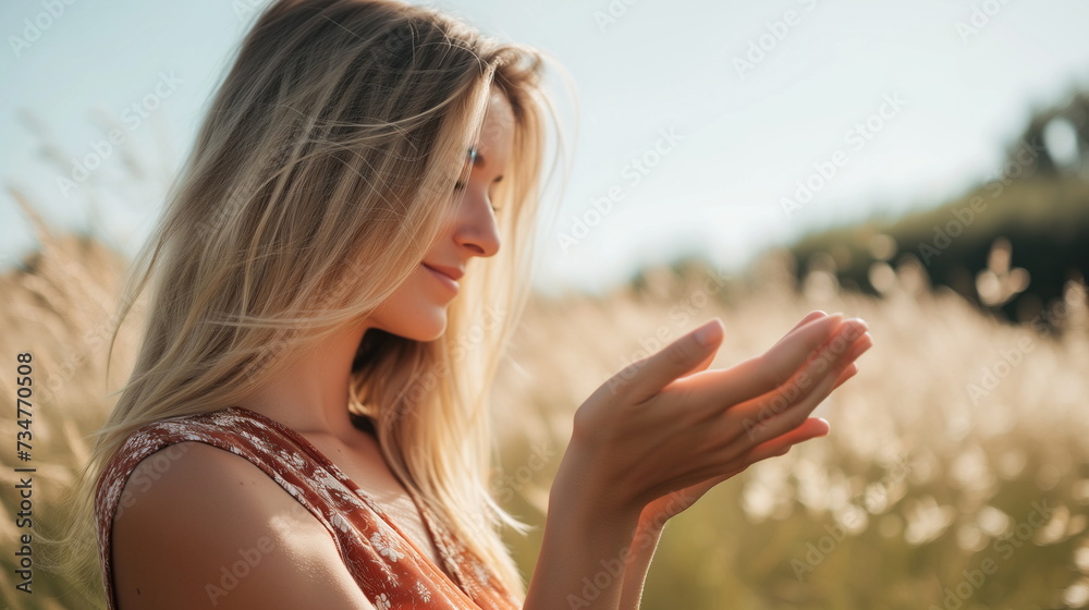 © seogi - beautiful side view of blonde woman hand model, young and healthy blonde woman, field background - Generative AI © seogi - beautiful side view of blonde woman hand model, young and healthy blonde woman, field background - Generative AI