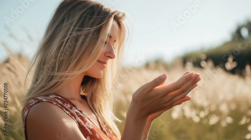 beautiful side view of blonde woman hand model, young and healthy blonde woman, field background - Generative AI