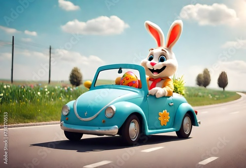 Easter bunny in the car near park with bright sky and clouds in the background  funny pets  animals