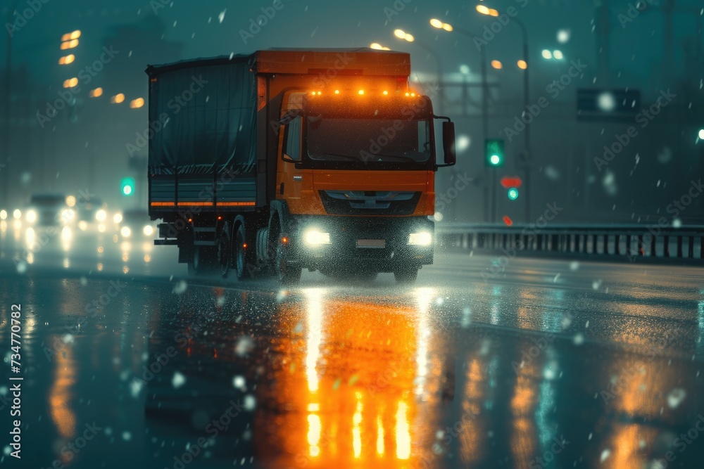 Tanker truck navigating through the rain-drenched highway under the cover of night.