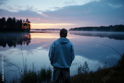 fisherman at dawn by a lake, in a waterproof sweatshirt