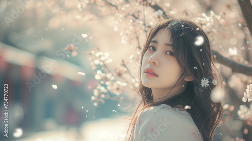 A lovely and pretty Asian girl standing under a cherry blossom tree with fluttering cherry blossom petals. Cherry Blossom Street. Spring background. Face closeup. Generative AI