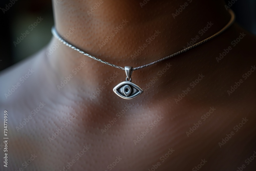 closeup of a silver thirdeye pendant around a neck closeup of a silver thirdeye pendant around a neck