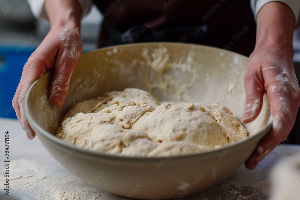fresh dough in bowl with bakers hands on rim fresh dough in bowl with bakers hands on rim