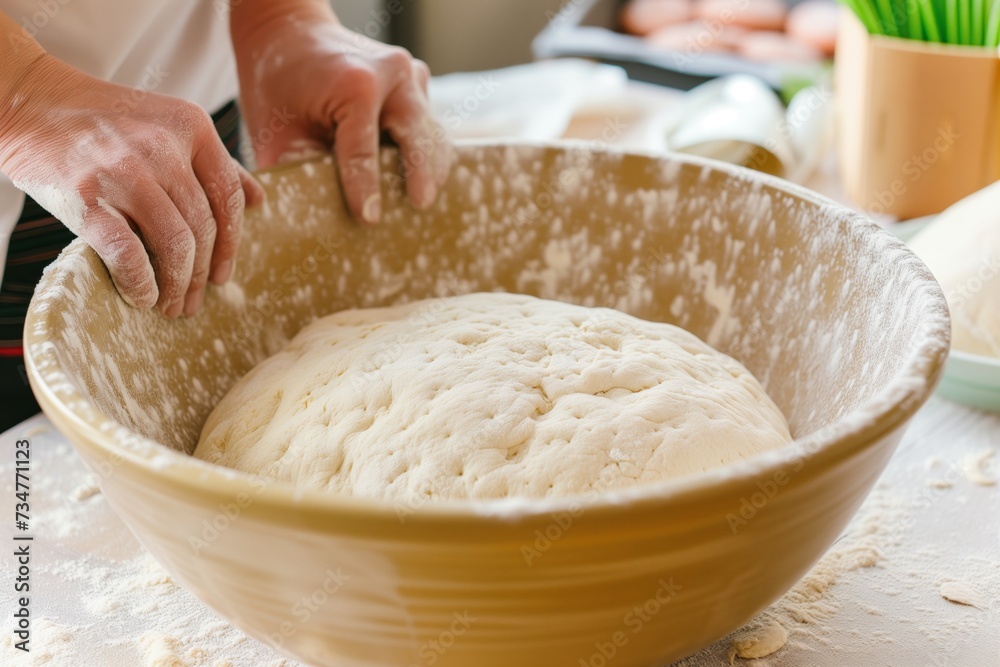 fresh dough in bowl with bakers hands on rim fresh dough in bowl with bakers hands on rim