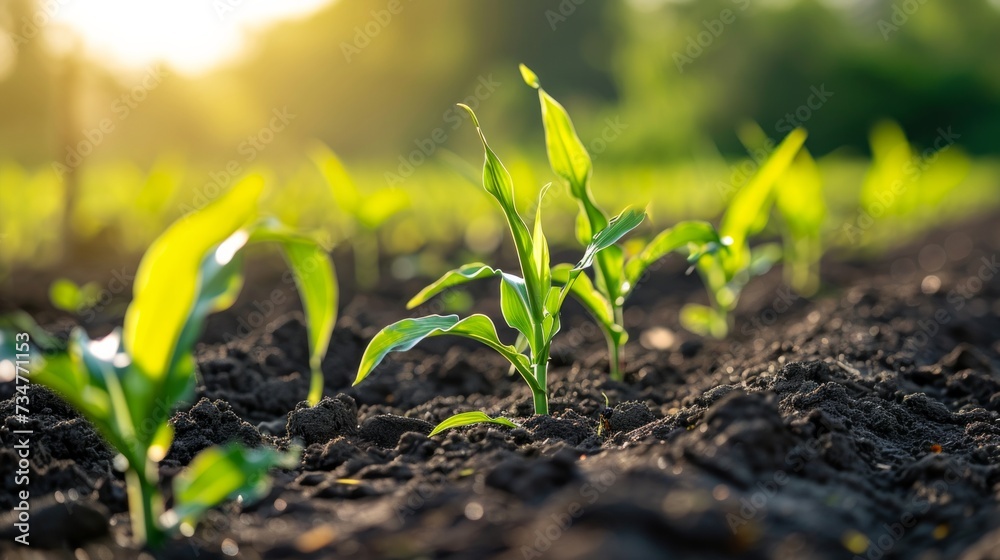 Fresh green sprouts of maize in spring on field, soft focus. Growing young green corn seedling sprouts in cultivated agricultural farm field. Agricultural scene with corn sprouts in soil. - obrazy, fototapety, plakaty 