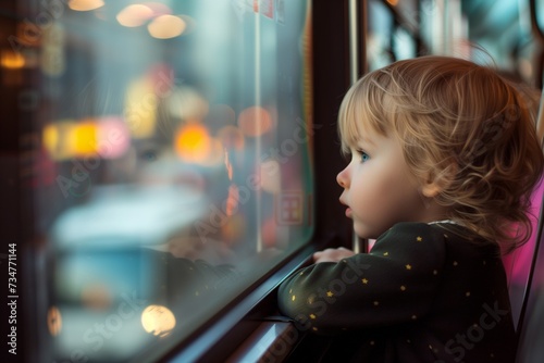 child looking out a tram window with city blur outside