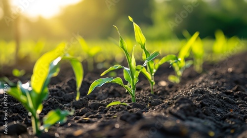 Fresh green sprouts of maize in spring on field, soft focus. Growing young green corn seedling sprouts in cultivated agricultural farm field. Agricultural scene with corn sprouts in soil.