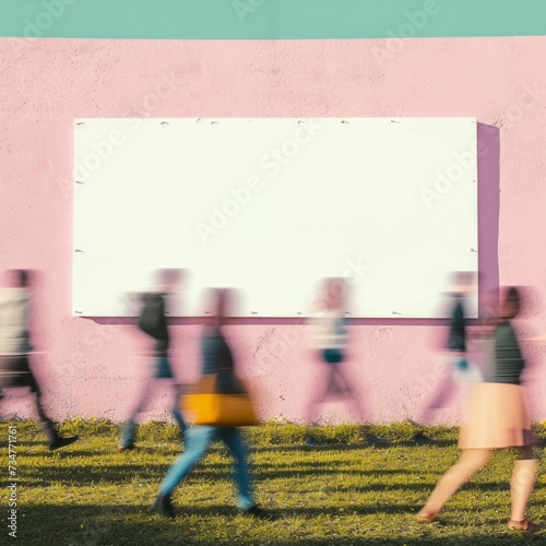 Busy Urban Scene with Blurred People Walking by a Blank Billboard