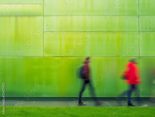 Blurred figures walking past a vibrant green wall in an urban setting