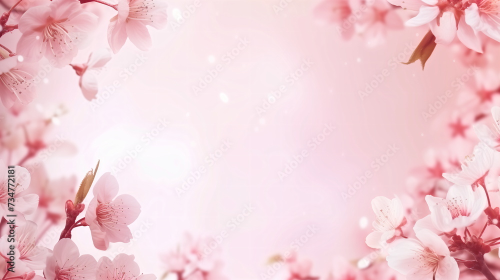 Frame made of cherry blossoms on a light pink background. Copy space in the center. Spring background. Generative AI