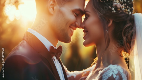 A happy bride and groom facing each other with the sunset in the background. Close up. Wedding concept. Generative AI