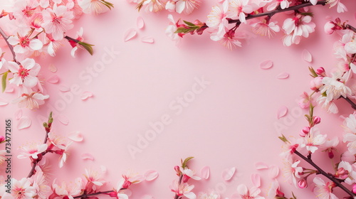 Frame made of cherry blossoms on a light pink background. Copy space in the center. Spring background. Generative AI