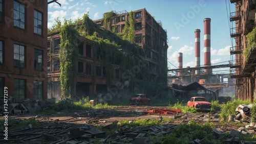 An overgrown factory building with vines growing on it, broken cars in the foreground, and garbages on the ground.