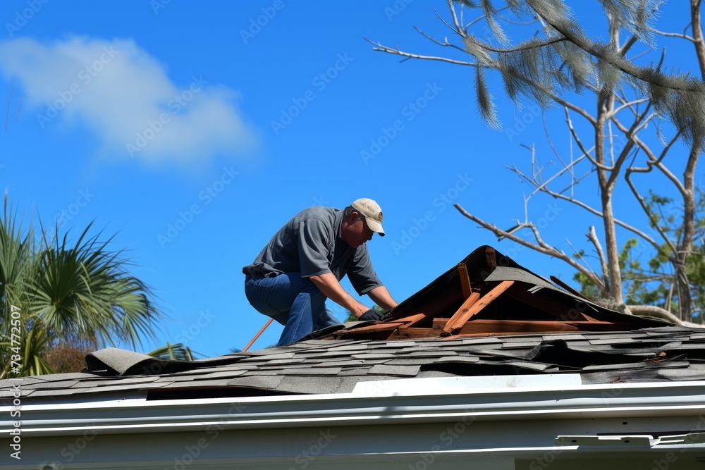 homeowner inspecting roof damage posthurricane homeowner inspecting roof damage posthurricane
