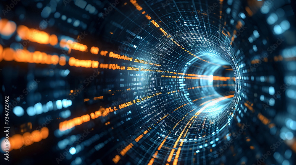 Obraz premium Digitally generated image of an abstract circular data tunnel visualizing speed and technology. Data cyberspace with swirling binary code and light. Generative AI