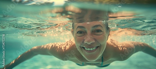 Close-up shot capturing the joyous expression of a young woman swimming gracefully in vibrant blue waters.