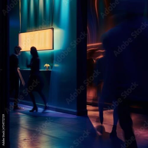Ambient blue light illuminating a textured wall with a minimalist sign, contrasting the lively silhouettes of people in a social setting