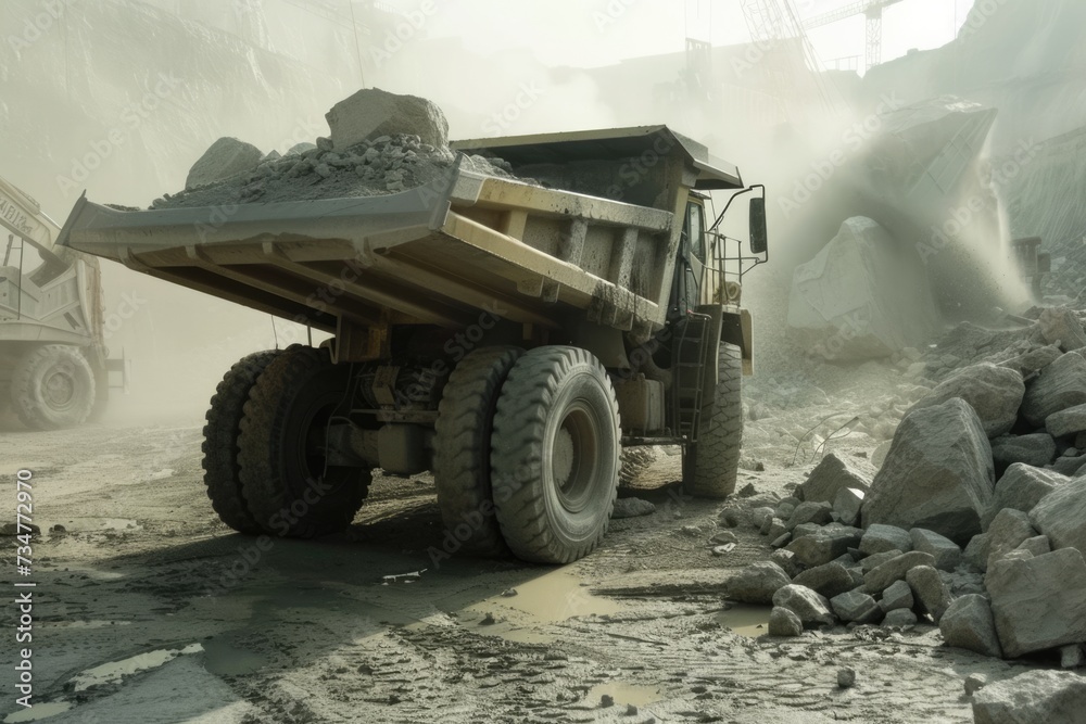 Obraz premium Large quarry dump truck in mine, quarry. Loading and transportation minerals