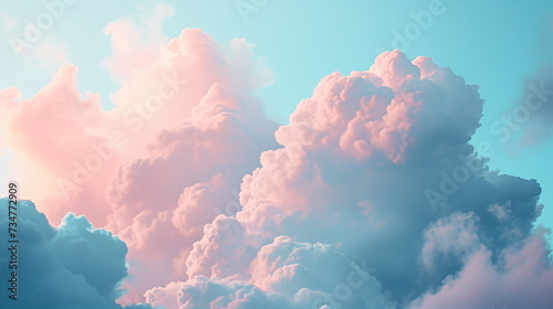 Blue sky and pinkish clouds. A majestic sky landscape filled with clouds. Cotton candy-like clouds. Scenery above the clouds. Generative AI
