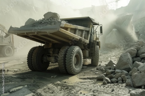 Large quarry dump truck in mine, quarry. Loading and transportation minerals photo