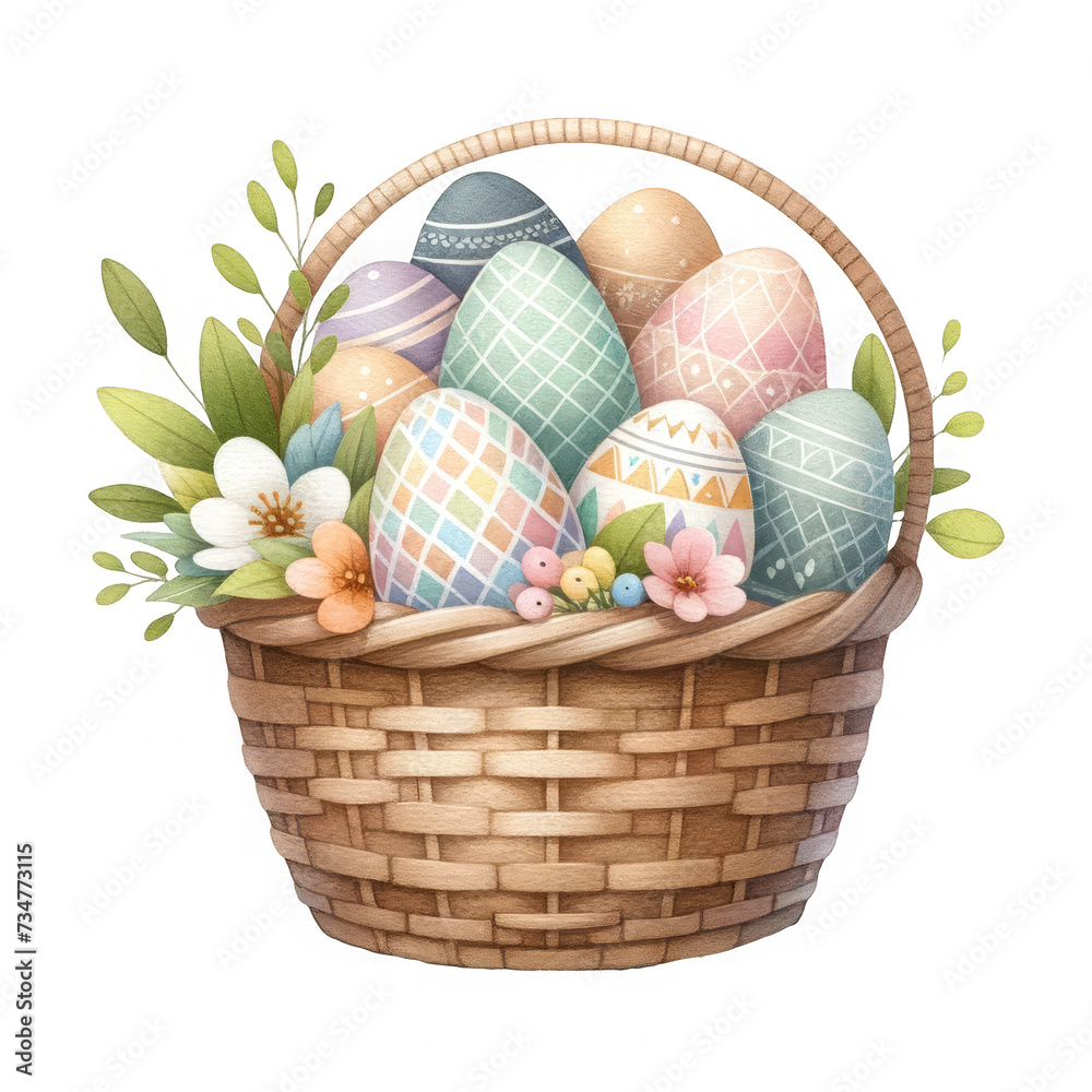 Watercolor illustration of a wicker basket filled with patterned Easter eggs and spring flowers on a transparent background.

