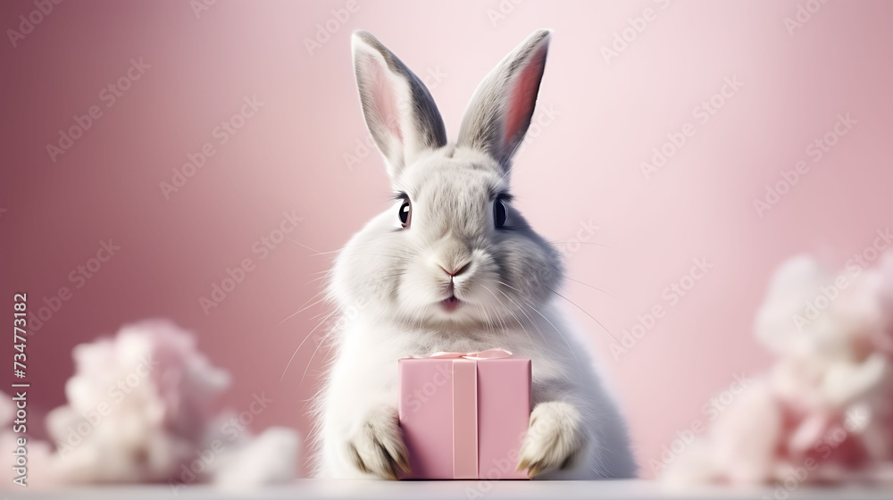 Fototapeta premium Portrait of a funny rabbit with a blank banner. Copy-space