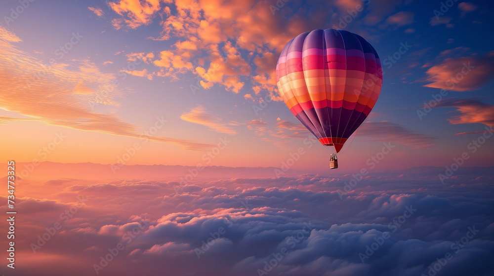 Obraz premium A hot air balloon flying above the clouds in the sunset sky. Copy space. Generative AI