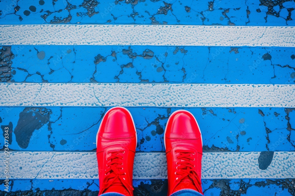Naklejka premium feet in red shoes on a bluepainted crosswalk