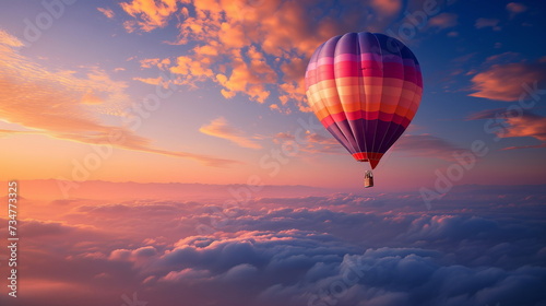 A hot air balloon flying above the clouds in the sunset sky. Copy space. Generative AI © seogi