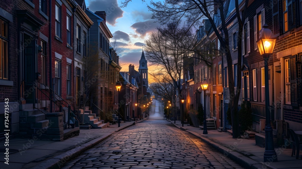 Twilight casts a serene glow on a historic cobblestone street lined with traditional row houses and glowing street lamps.