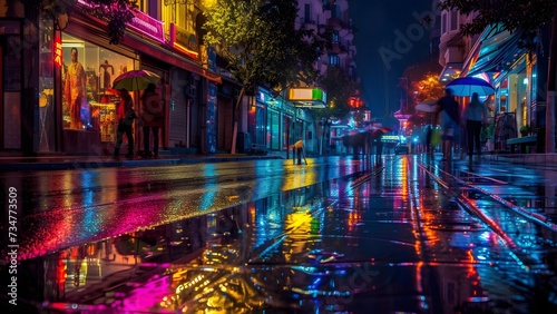 Pedestrians with umbrellas walk on a reflective, rain-soaked street adorned with vibrant neon lights at night.