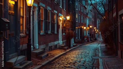 An evening view of a historic alley with cobblestone paths lit by the golden glow of old-fashioned street lamps.