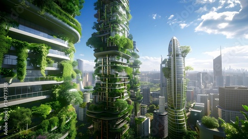 In a concept of a sustainable metropolis, green skyscrapers soar towards a clear sky, their facades a tapestry of living plants.
