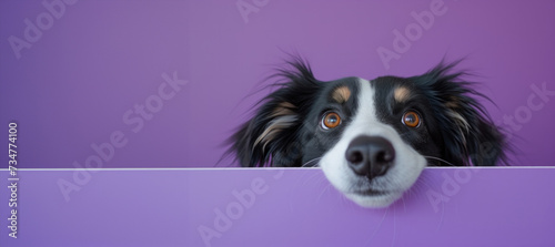 banner. dog peeking out from behind a purple wall. Concept for pets, veterinary clinic or nutrition, food for dogs. Banner with space for text Side view, peek out.