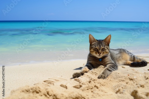 cat lounging on sandy beach with blue sea in the background © Alfazet Chronicles