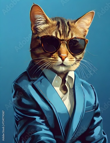 Stylish Feline in Sunglasses on a Blue Background. Generative AI © Mirza
