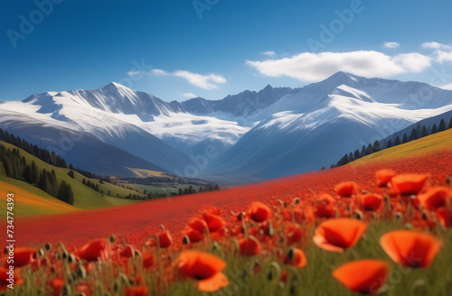 A landscape with a field of poppies leading to a small village and snow-capped peaks in the background. Made with the help of artificial intelligence. Background  screensaver  postcard  wallpaper. Hig