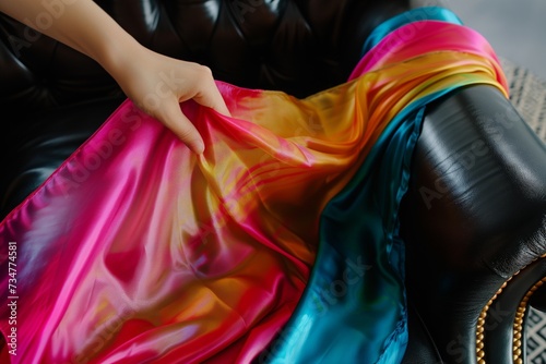 hand placing a brightly colored silk scarf on a black leather armchair
