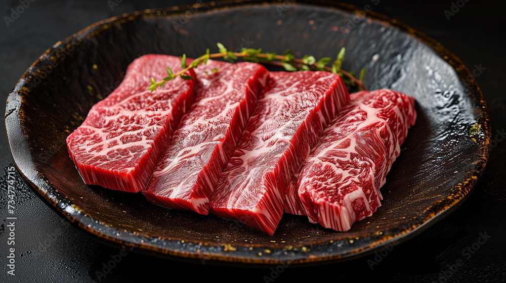 Several slices of thinly sliced marbled beef on a plate against a dark background. Closeup. Generative AI