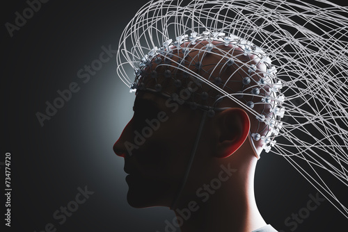 Man with electrodes measuring brain signals. Neuroscience concept. photo