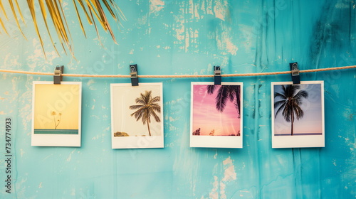 Several Polaroid photos of palm trees and the beach are hung on the vintage sky blue background wall. Summer background. Vacation, travel concept. Generative AI