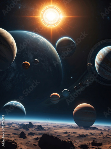 Galaxy sky scene with planets
