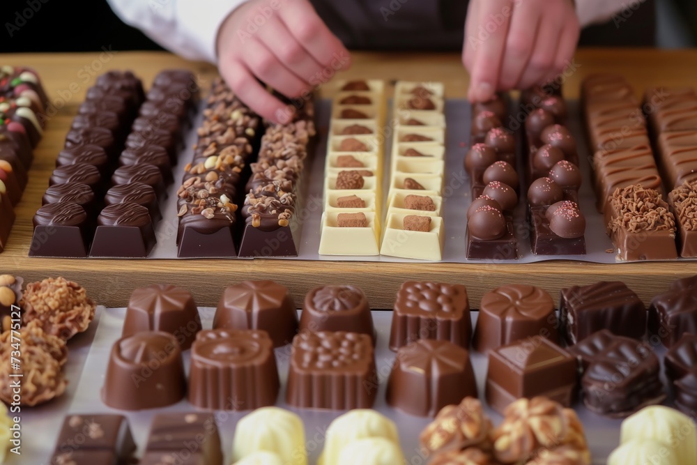 person arranging a display of assorted chocolates person arranging a display of assorted chocolates